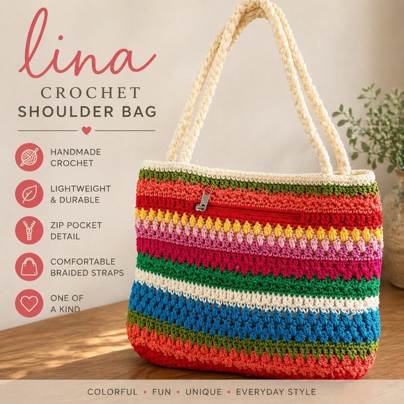 Lina Handbags - Colorful Crochet Tote Bag Lined Zip Pocket Boho Beach Cottagecore Lina